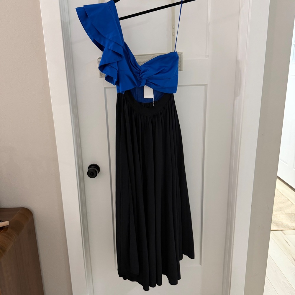 AMUR Cleopatra One Shoulder Ruffle Cutout Maxi Dress Blue Black Sz 4 Formal Gala